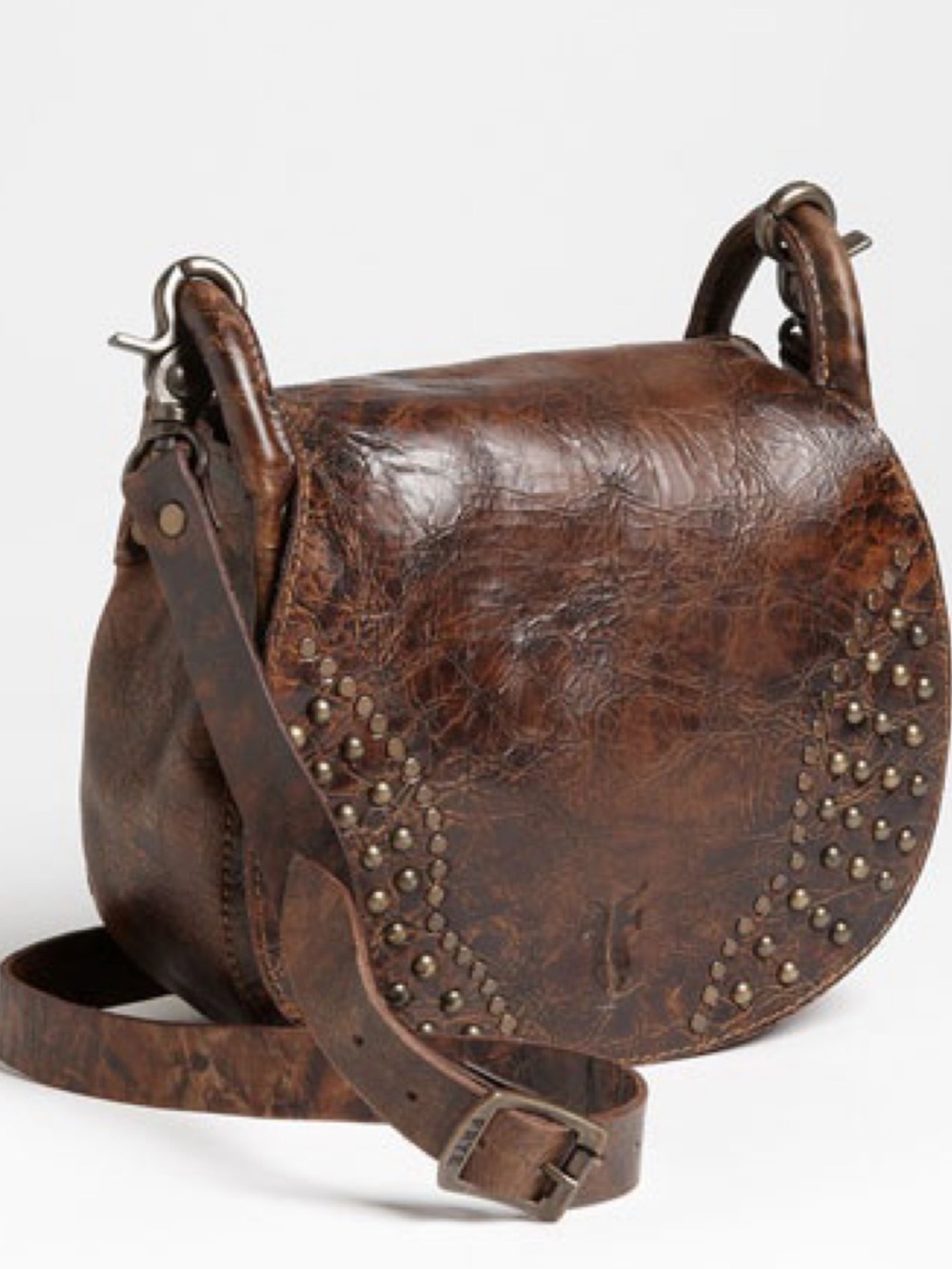 Frye Brown Elaine Studded Flap Saddle Crossbody Distressed Leather Handbag